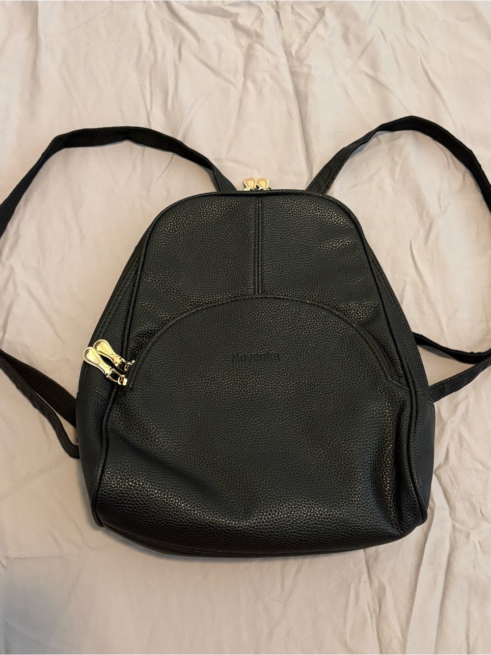 Classic Black Faux-Leather Backpack with Gold Hardware